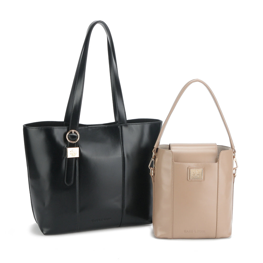 SAMANTHA 2:1 Large Black Tote / Mini Sandstone Bucket